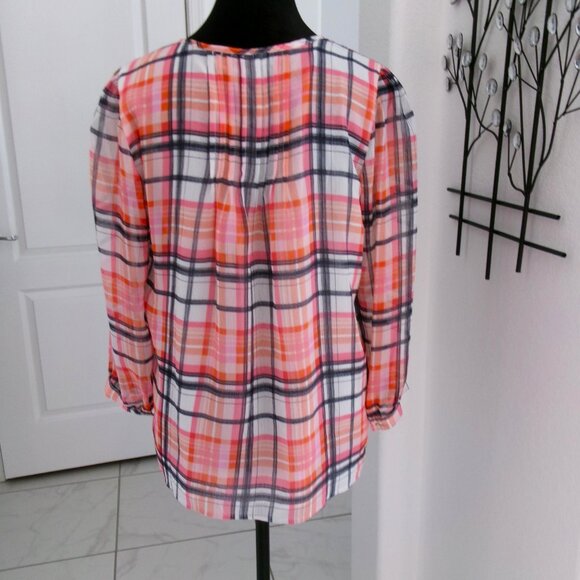 Tommy Hilfiger Plaid Loose Flowy Blouse Semi Sheer Sleeve Orange Pink Black S - Picture 5 of 10
